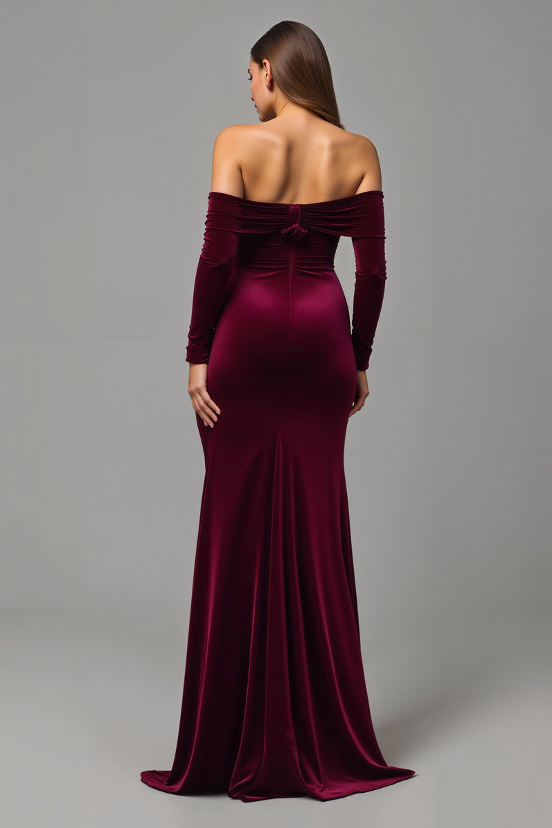 Load image into Gallery viewer, Burgundy Velvet Sheath Off the Shoulder Long Holiday Party Dress with Slit