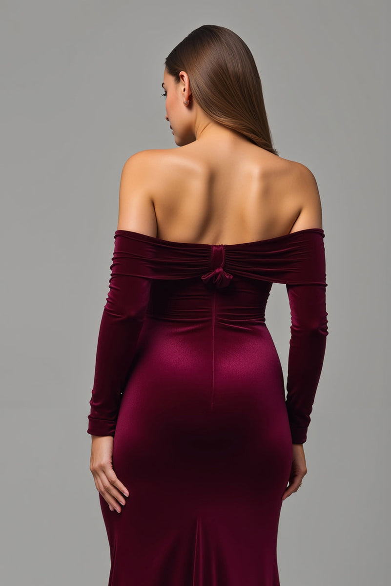 Load image into Gallery viewer, Burgundy Velvet Sheath Off the Shoulder Long Holiday Party Dress with Slit