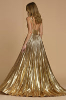 Load image into Gallery viewer, Sparkly Golden Spaghetti Straps Metallic Long Prom Dress with Slit