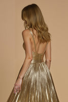 Load image into Gallery viewer, Sparkly Golden Spaghetti Straps Metallic Long Prom Dress with Slit