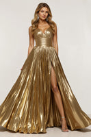 Load image into Gallery viewer, Sparkly Golden Metallic Thick Straps Long Prom Dress with Slit