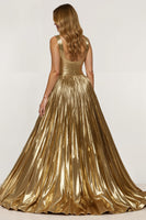 Load image into Gallery viewer, Sparkly Golden Metallic Thick Straps Long Prom Dress with Slit
