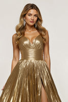 Load image into Gallery viewer, Sparkly Golden Metallic Thick Straps Long Prom Dress with Slit