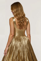 Load image into Gallery viewer, Sparkly Golden Metallic Thick Straps Long Prom Dress with Slit