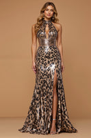 Load image into Gallery viewer, Queendancer Women Sparkly Golden Leopard Metallic Halter Long Holiday Party Dress with Slit Sheath Ruched Gala Dress with Keyhole