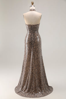 Sparkly Golden Leopard Sequin Mermaid Long Prom Dress with Keyhole