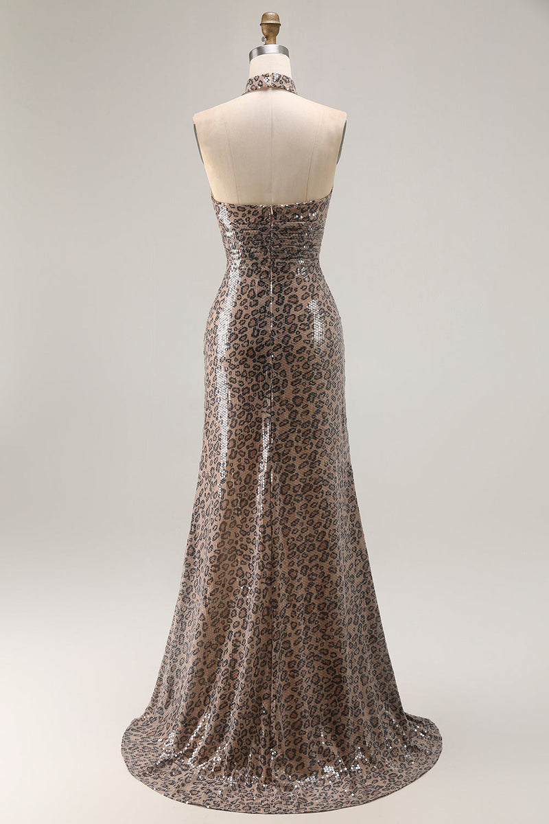 Load image into Gallery viewer, Sparkly Golden Leopard Sequin Mermaid Long Prom Dress with Keyhole