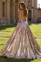 Load image into Gallery viewer, Golden Metallic V-Neck A Line Long Prom Dress with Slit