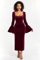Load image into Gallery viewer, Burgundy Sheath Long Sleeves Holiday Party Dress with Lace