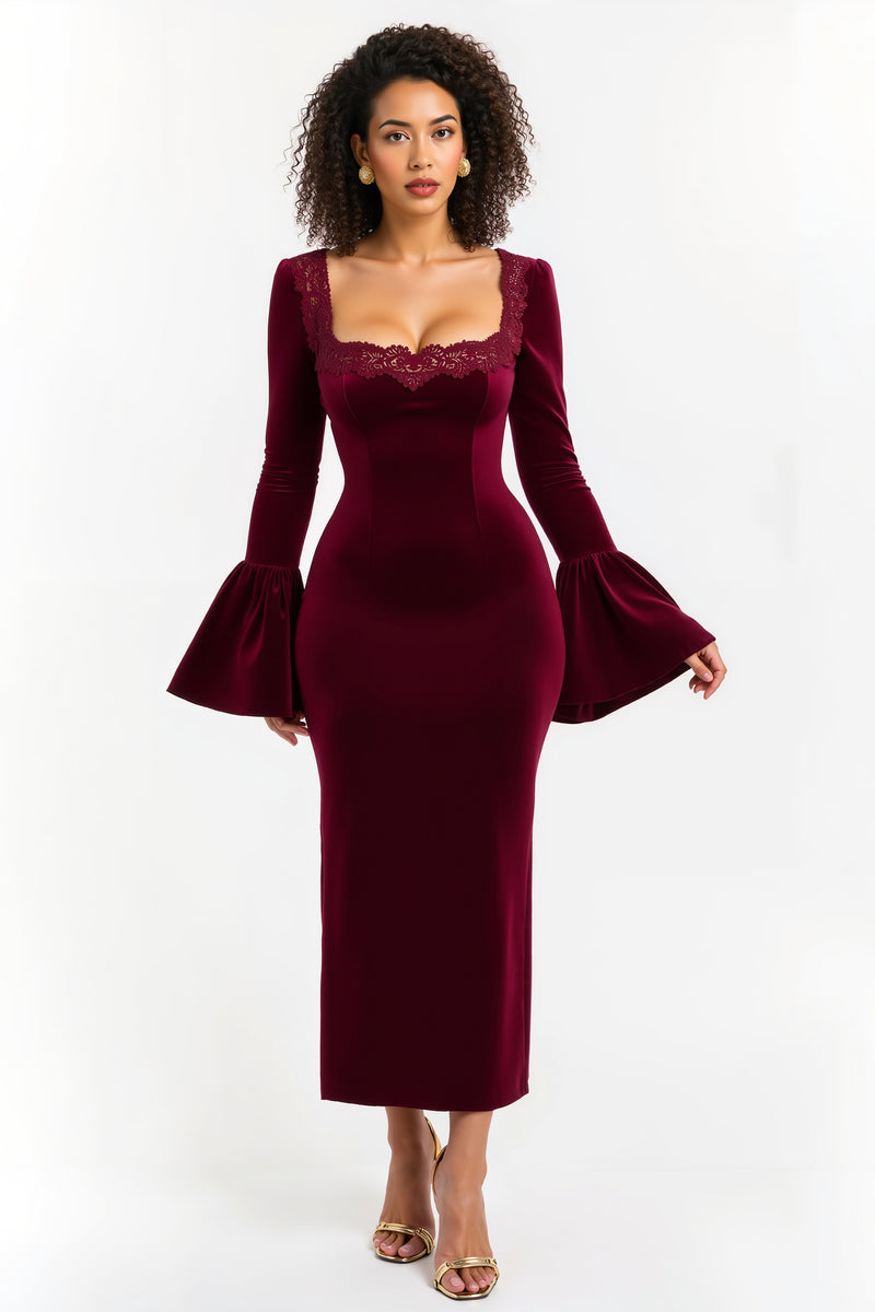 Load image into Gallery viewer, Burgundy Sheath Long Sleeves Holiday Party Dress with Lace