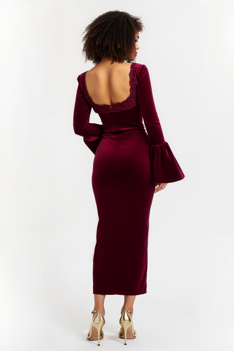 Load image into Gallery viewer, Burgundy Sheath Long Sleeves Holiday Party Dress with Lace