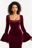 Load image into Gallery viewer, Burgundy Sheath Long Sleeves Holiday Party Dress with Lace