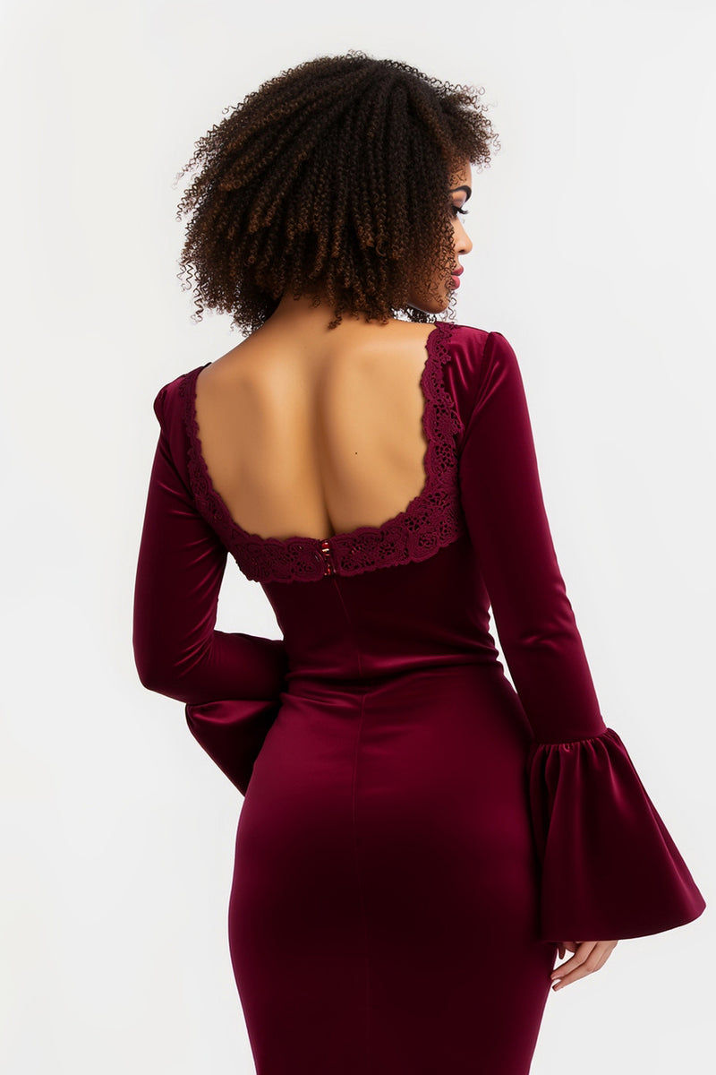 Load image into Gallery viewer, Burgundy Sheath Long Sleeves Holiday Party Dress with Lace