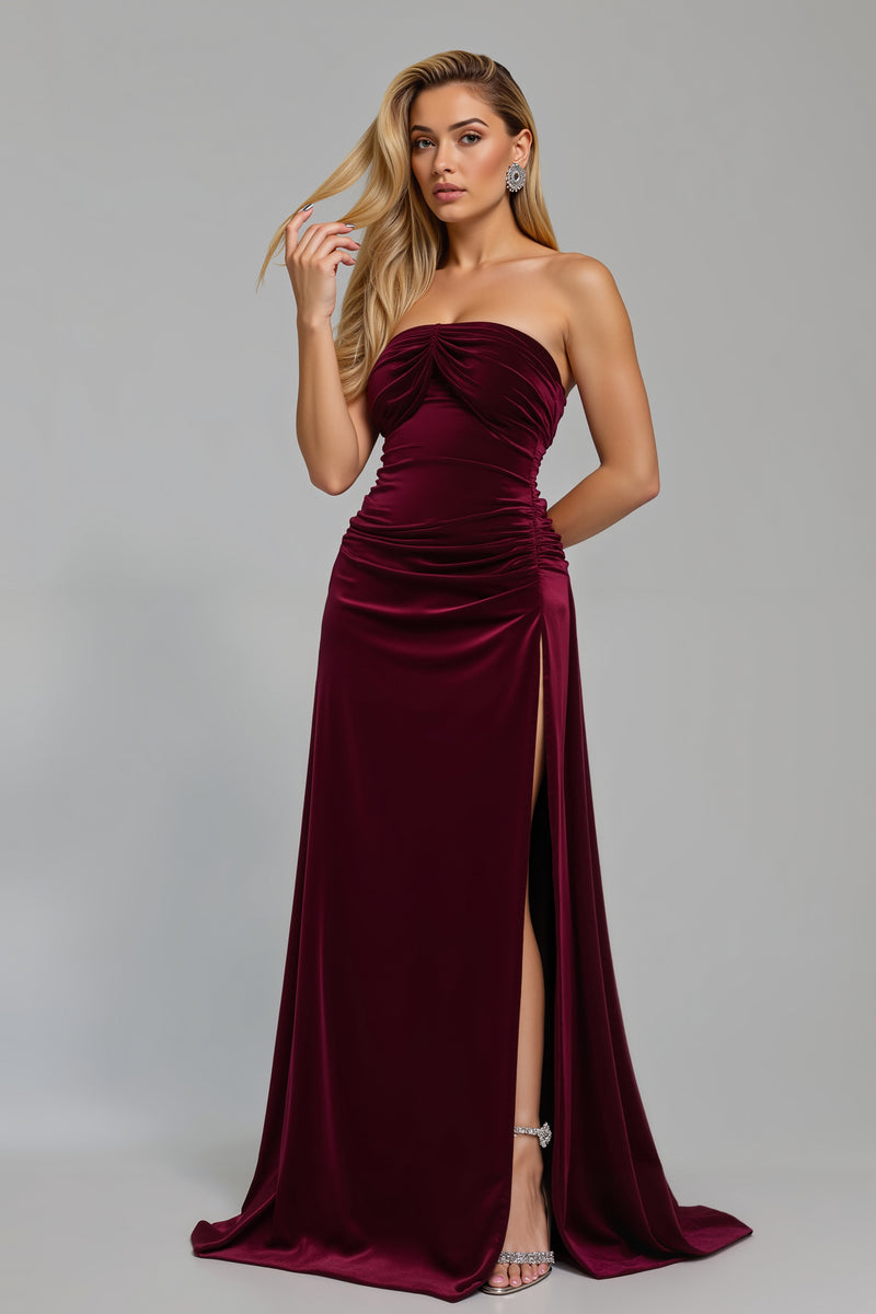 Load image into Gallery viewer, Burgundy Strapless Ruched Long Holiday Party Dress with Slit