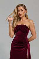 Load image into Gallery viewer, Burgundy Strapless Ruched Long Holiday Party Dress with Slit