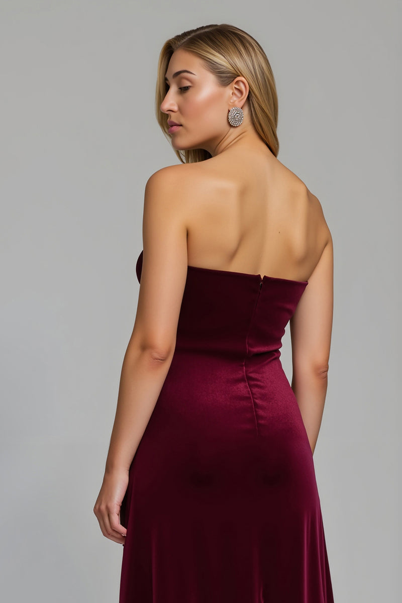 Load image into Gallery viewer, Burgundy Strapless Ruched Long Holiday Party Dress with Slit