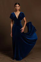 Load image into Gallery viewer, Royal Blue A Line V-Neck Long Holiday Party Dress with Sleeves