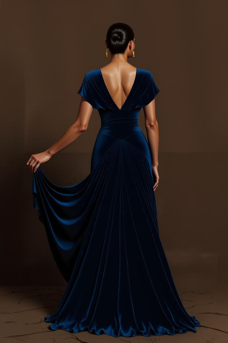 Load image into Gallery viewer, Royal Blue A Line V-Neck Long Holiday Party Dress with Sleeves