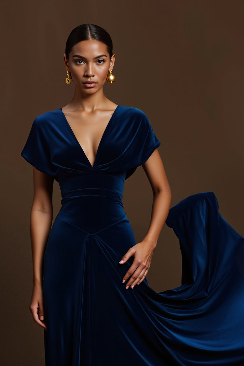 Load image into Gallery viewer, Royal Blue A Line V-Neck Long Holiday Party Dress with Sleeves