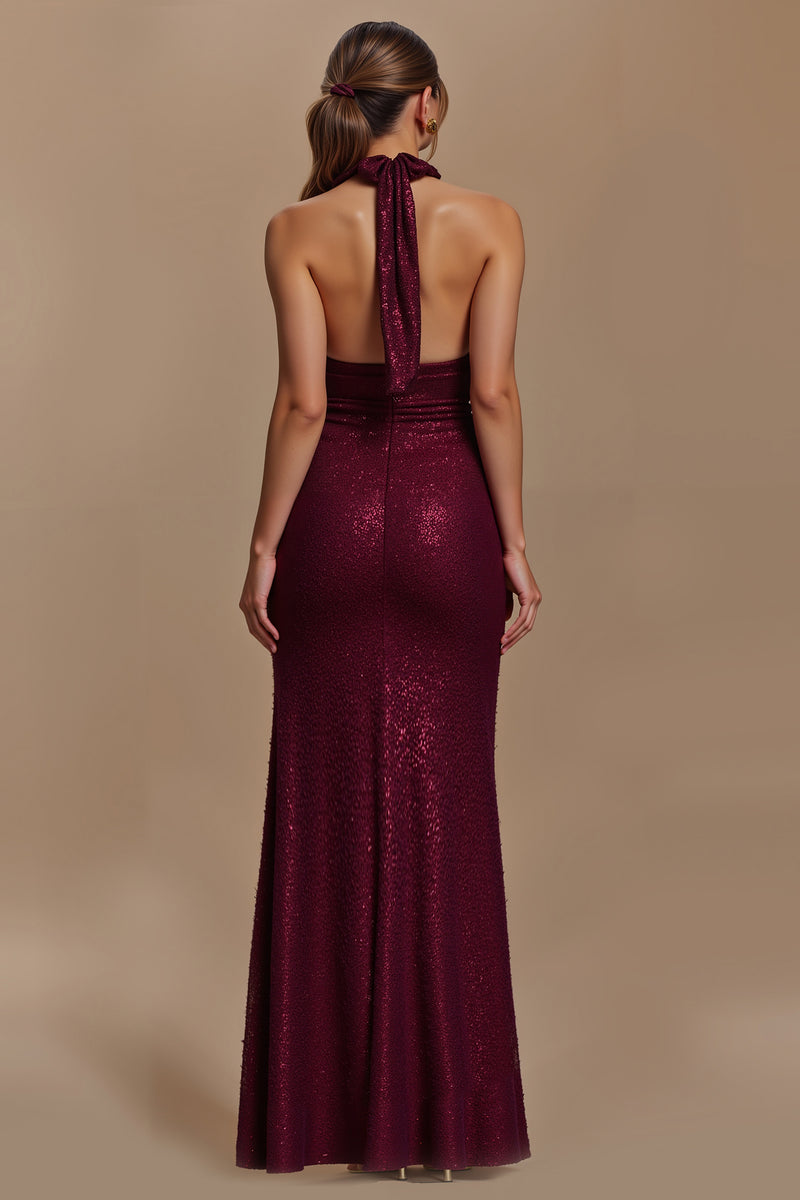 Load image into Gallery viewer, Glitter Burgundy Sheath Ruched Halter Long Holiday Party Dress