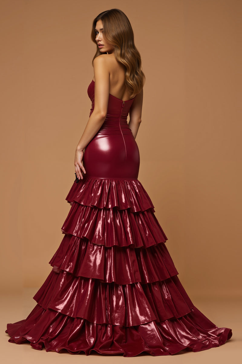 Load image into Gallery viewer, Metallic Burgundy Sweetheart Tiered Long Prom Dress with Slit