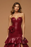 Load image into Gallery viewer, Metallic Burgundy Sweetheart Tiered Long Prom Dress with Slit
