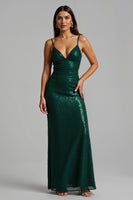 Load image into Gallery viewer, Sparkly Dark Green Sheath Long Holiday Party Dress with Slit