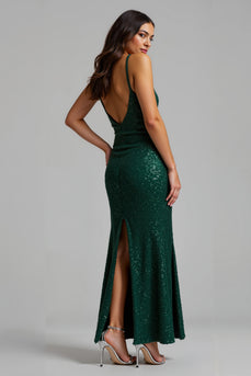 Sparkly Dark Green Sheath Long Holiday Party Dress with Slit