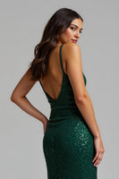 Load image into Gallery viewer, Sparkly Dark Green Sheath Long Holiday Party Dress with Slit