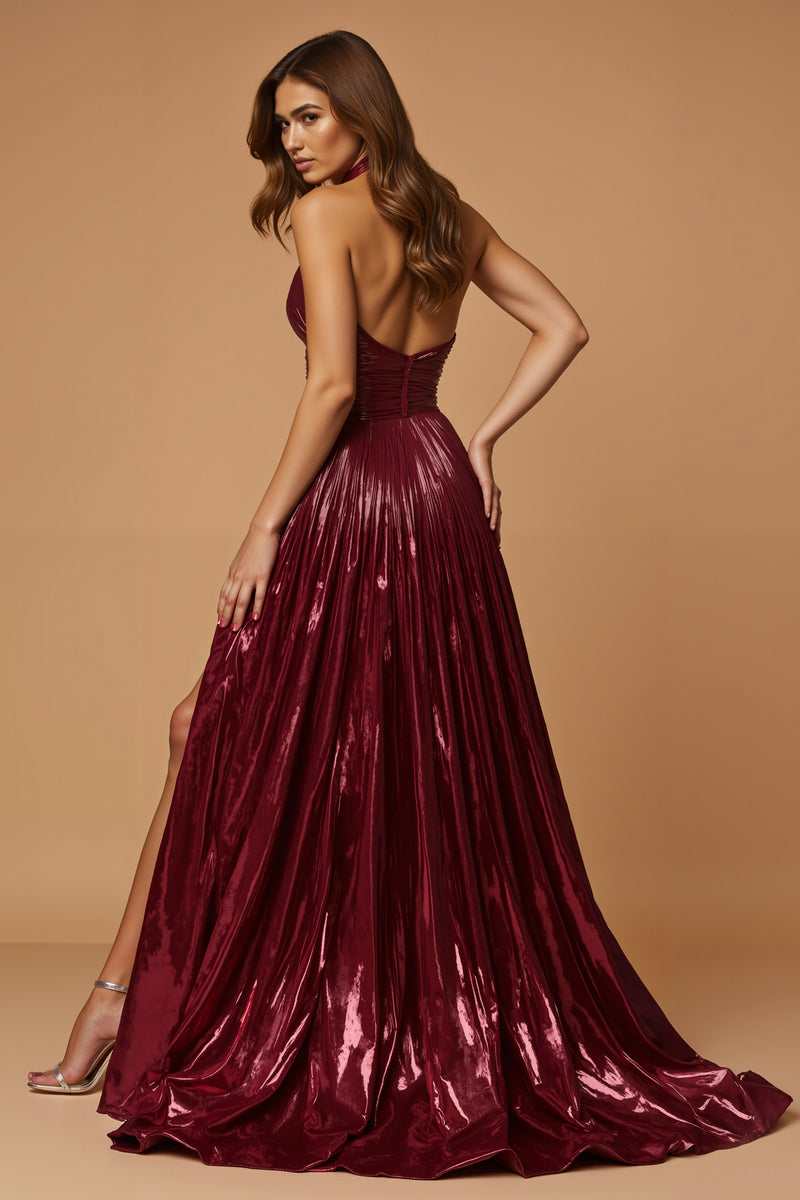 Load image into Gallery viewer, Metallic Burgundy Halter A Line Long Prom Dress with Slit