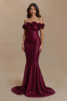 Load image into Gallery viewer, Sparkly Burgundy Off the Shoulder Long Holiday Party Dress with 3D Flower