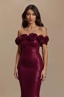Load image into Gallery viewer, Sparkly Burgundy Off the Shoulder Long Holiday Party Dress with 3D Flower