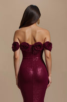 Load image into Gallery viewer, Sparkly Burgundy Off the Shoulder Long Holiday Party Dress with 3D Flower