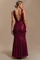 Load image into Gallery viewer, Sparkly Burgundy Sheath Cowl Neck Long Holiday Party Dress