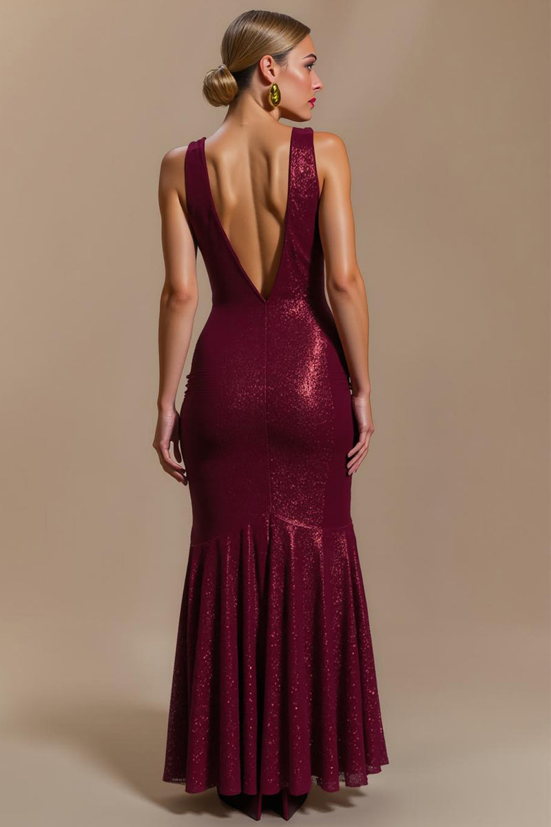 Load image into Gallery viewer, Sparkly Burgundy Sheath Cowl Neck Long Holiday Party Dress