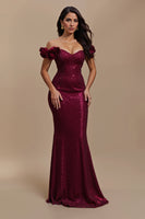Load image into Gallery viewer, Sparkly Burgundy Mermaid Long Holiday Party Dress with 3D Flowers