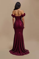 Load image into Gallery viewer, Sparkly Burgundy Mermaid Long Holiday Party Dress with 3D Flowers