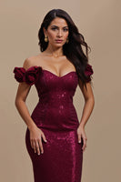 Load image into Gallery viewer, Sparkly Burgundy Mermaid Long Holiday Party Dress with 3D Flowers