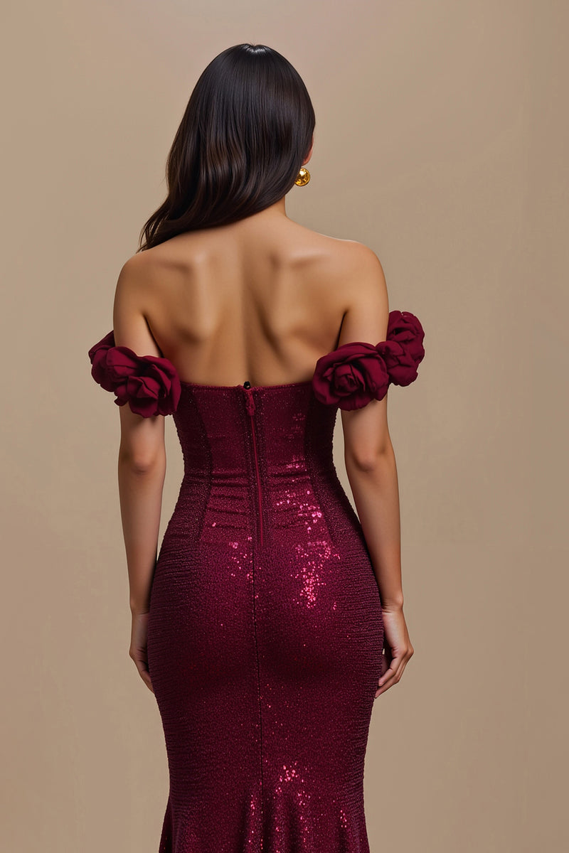 Load image into Gallery viewer, Sparkly Burgundy Mermaid Long Holiday Party Dress with 3D Flowers