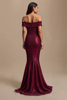 Load image into Gallery viewer, Sparkly Burgundy Mermaid Off The Shoulder Long Holiday Party Dress