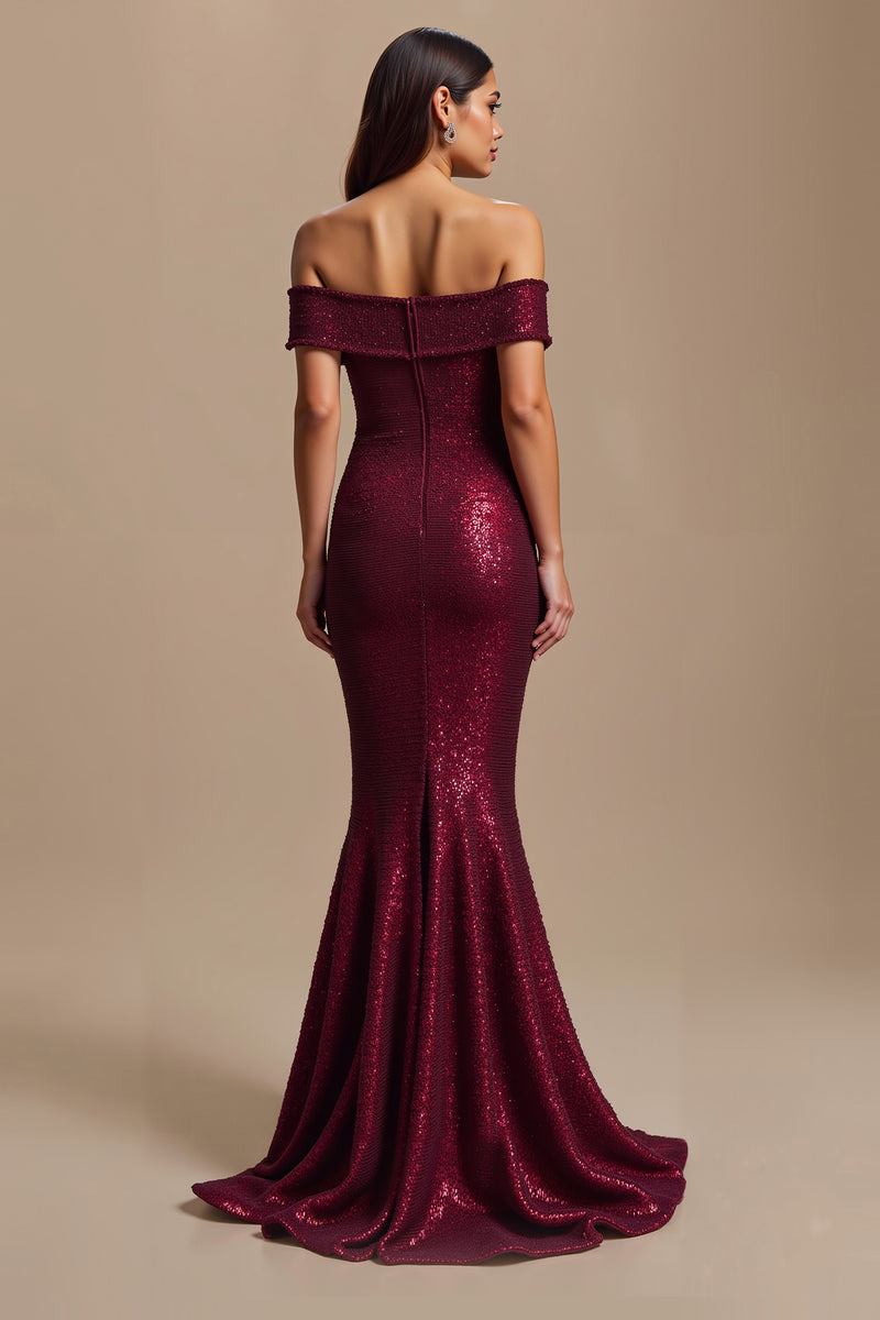 Load image into Gallery viewer, Sparkly Burgundy Mermaid Off The Shoulder Long Holiday Party Dress