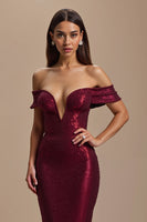 Load image into Gallery viewer, Sparkly Burgundy Mermaid Off The Shoulder Long Holiday Party Dress