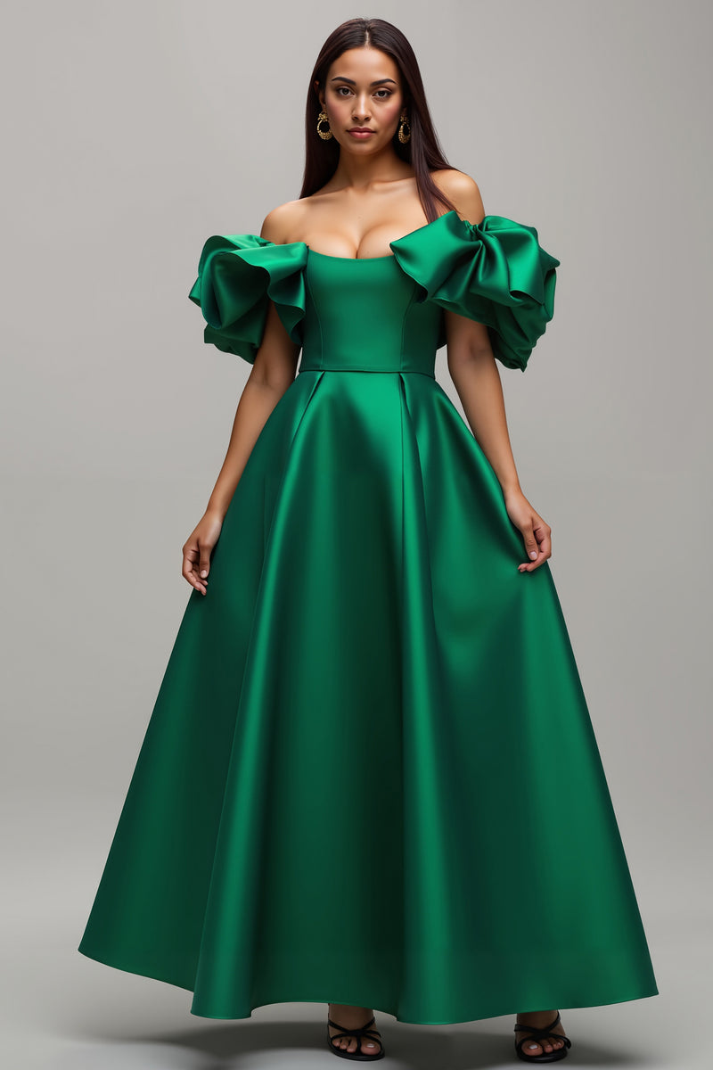 Load image into Gallery viewer, Dark Green Satin A Line Long Prom Dress with Sleeves