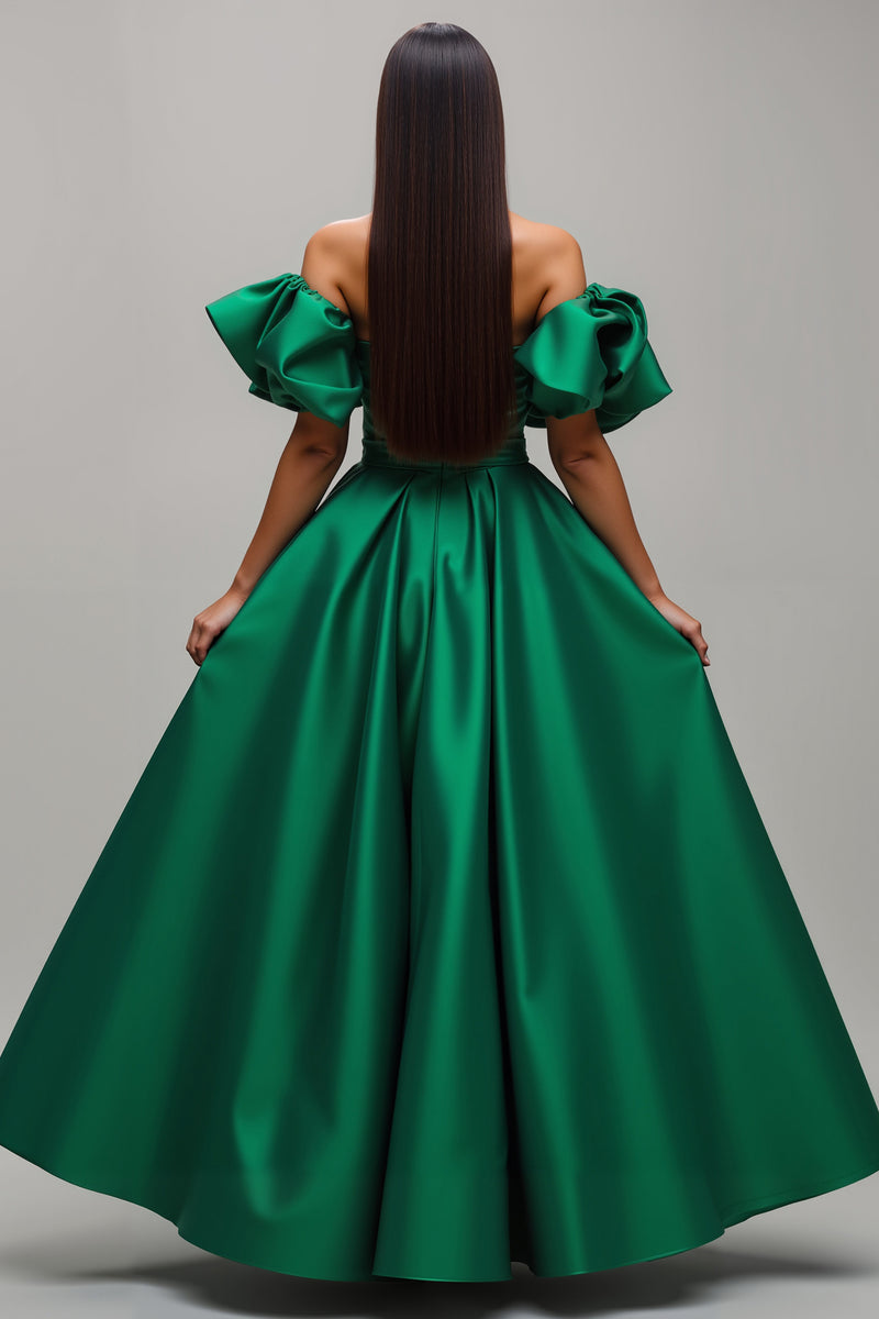 Load image into Gallery viewer, Dark Green Satin A Line Long Prom Dress with Sleeves