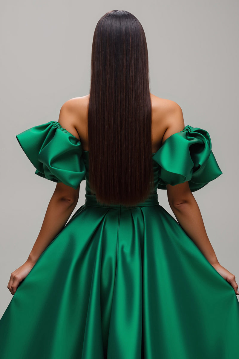 Load image into Gallery viewer, Dark Green Satin A Line Long Prom Dress with Sleeves