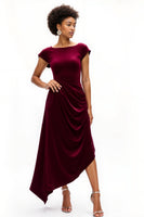 Load image into Gallery viewer, Burgundy A Line Boat Neck Ruched Asymmetrical Holiday Party Dress