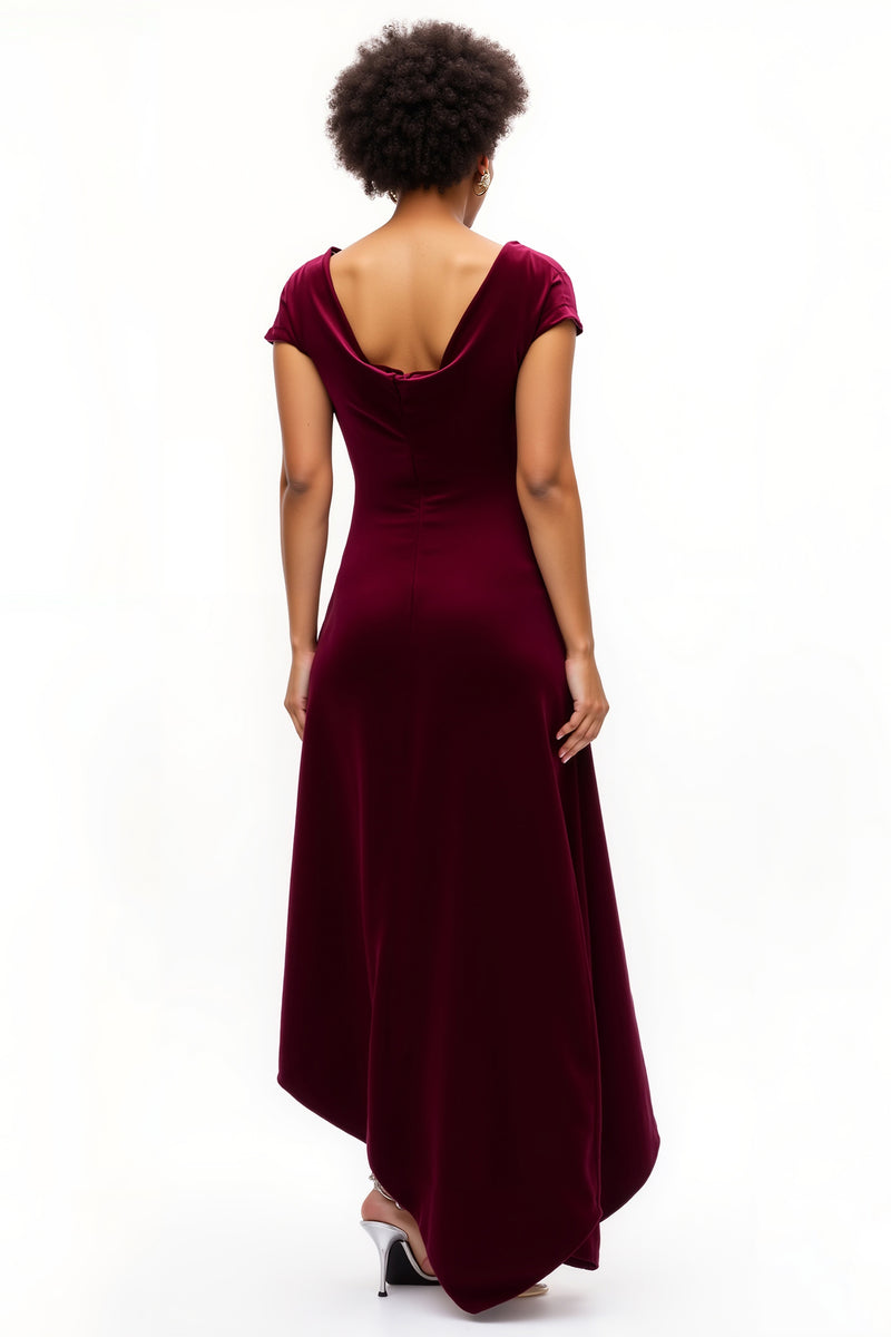 Load image into Gallery viewer, Burgundy A Line Boat Neck Ruched Asymmetrical Holiday Party Dress