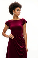 Load image into Gallery viewer, Burgundy A Line Boat Neck Ruched Asymmetrical Holiday Party Dress