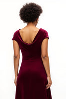 Load image into Gallery viewer, Burgundy A Line Boat Neck Ruched Asymmetrical Holiday Party Dress