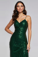 Load image into Gallery viewer, Sparkly Dark Green Sequins Sheath Long Holiday Party Dress with Slit